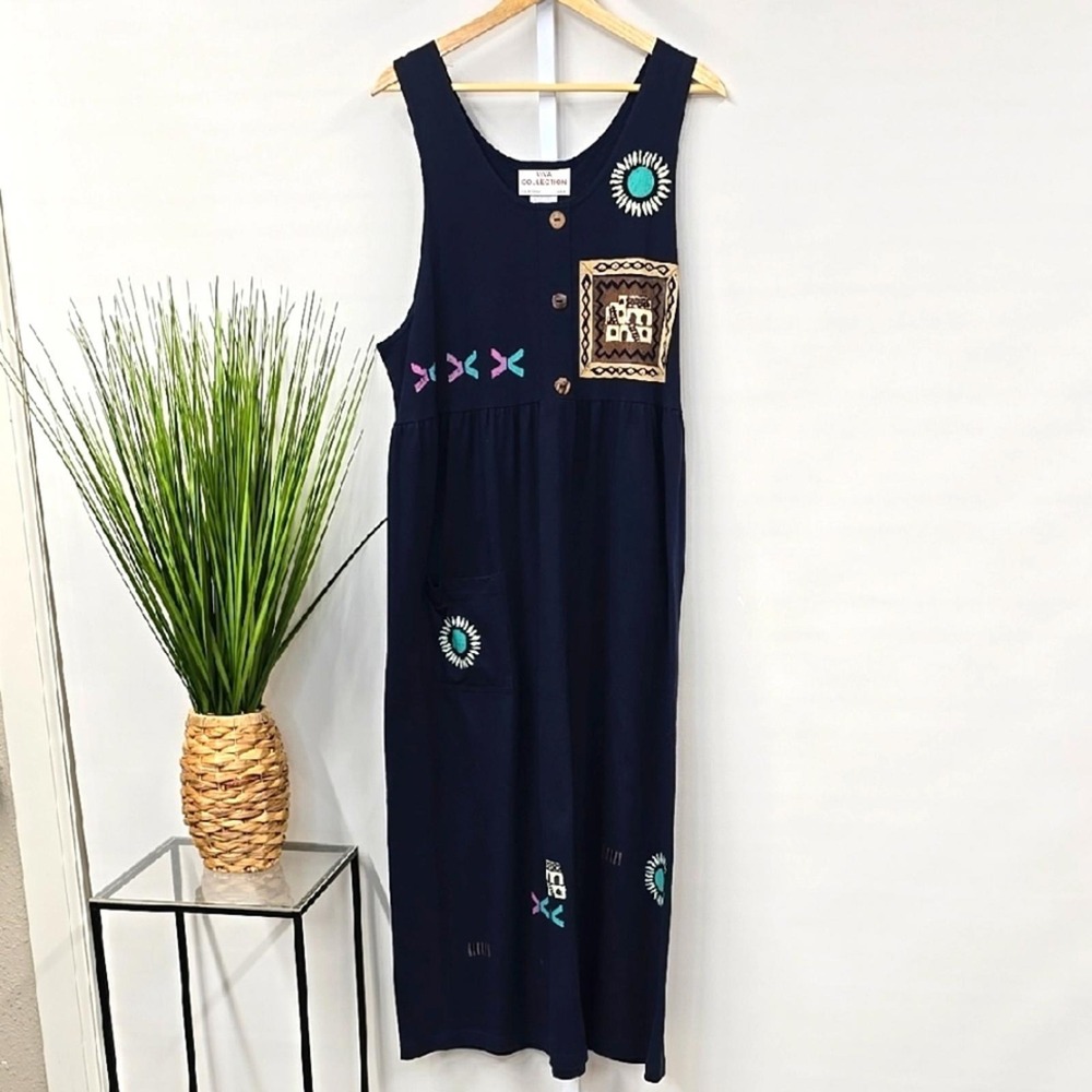 Viva Collection Vintage Navy Blue Southwest Pueblo Art To Wear Midi Dress ML